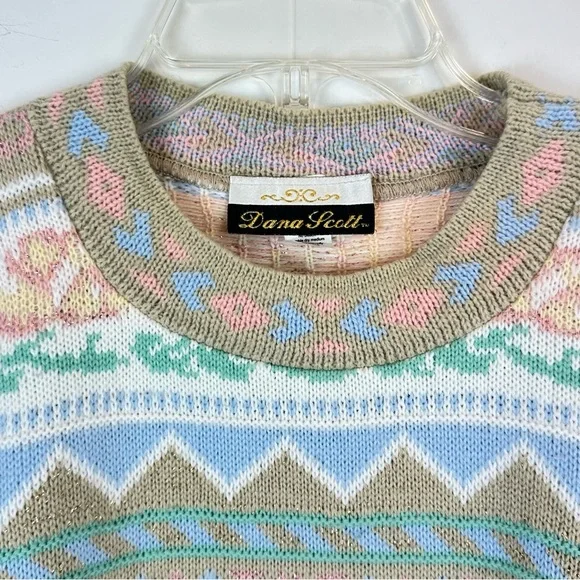 Vintage 80s Pastel Pattern Knit Sweater Fairy Kei Kawaii Oversized L XL - Picture 2 of 10